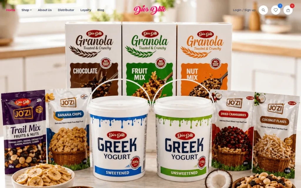 Homepage of an online store for a Nigerian Greek yoghurt and granola brand, showing the product range