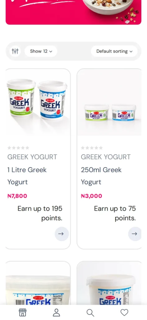 The Greek yoghurt category on a phone, showing product cards with prices and loyalty points