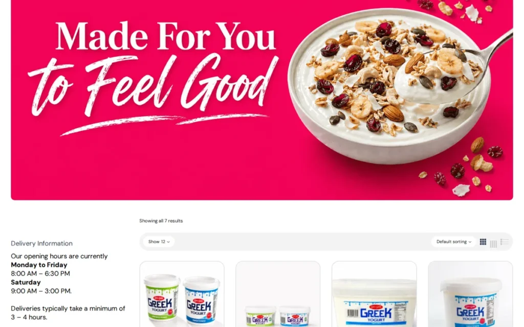 The shop page of the online store, with a promotional banner, delivery information and best-selling products