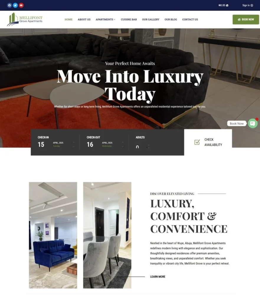 Mellifont Grove website: booking bar with check-in and check-out dates above the apartment introduction